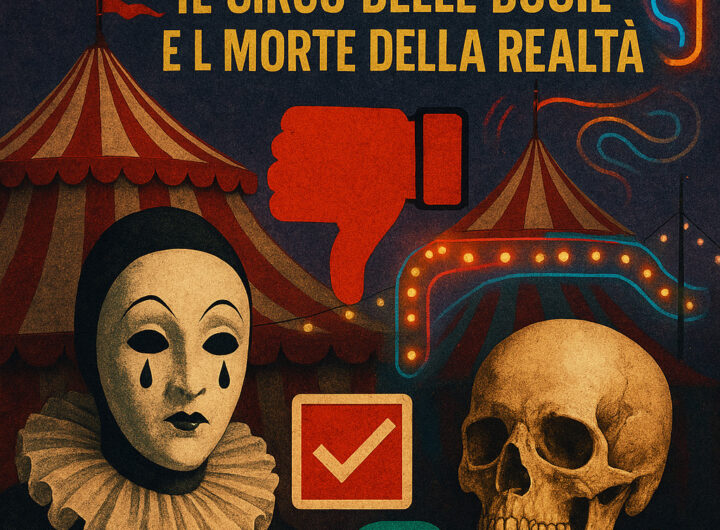 Illustrazione surreale in stile collage che richiama il concetto di 'La Post-Verità: Il Circo delle Bugie e la Morte della Realtà'. L'immagine unisce elementi circensi – come tende, luci al neon e maschere – a simboli digitali, evocando un mondo in cui la realtà si dissolve in un caleidoscopio di illusioni e narrazioni manipolate.