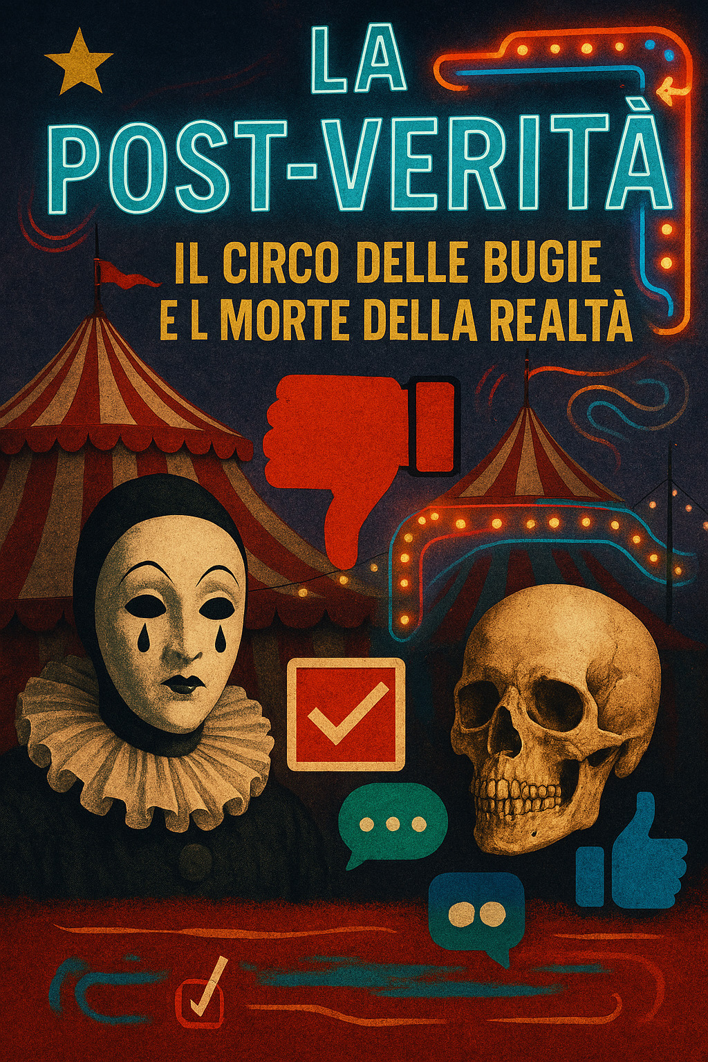 Illustrazione surreale in stile collage che richiama il concetto di 'La Post-Verità: Il Circo delle Bugie e la Morte della Realtà'. L'immagine unisce elementi circensi – come tende, luci al neon e maschere – a simboli digitali, evocando un mondo in cui la realtà si dissolve in un caleidoscopio di illusioni e narrazioni manipolate.