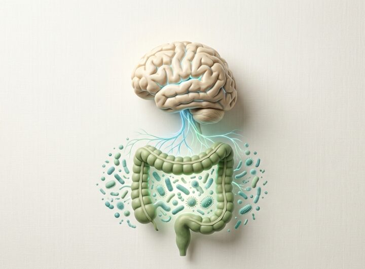Illustrazione del rapporto tra microbiota intestinale, intestino e cervello nella ricerca sulla malattia di Alzheimer.